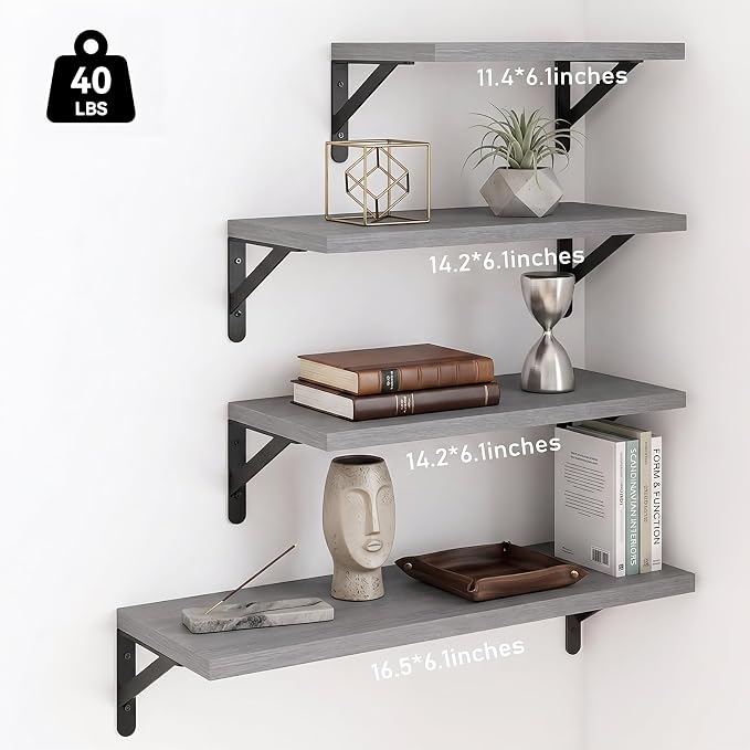 YGEOMER Floating Shelves for Wall, Different Sizes Gray Wall Shelves for Living Room, Bathroom, Bedroom, Kitchen, Home Decor (Set of 4)