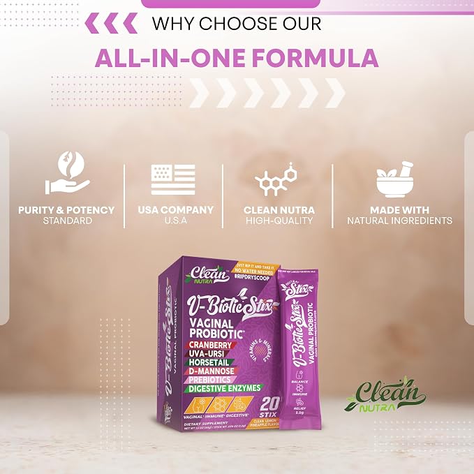 Clean Nutraceuticals Vaginal Probiotics for Women with Cranberry Extract, D-Mannose, Prebiotics, pH Balance for Women, Vaginal Health – Womens Probiotic Alternative to Gummies - 20 Stix