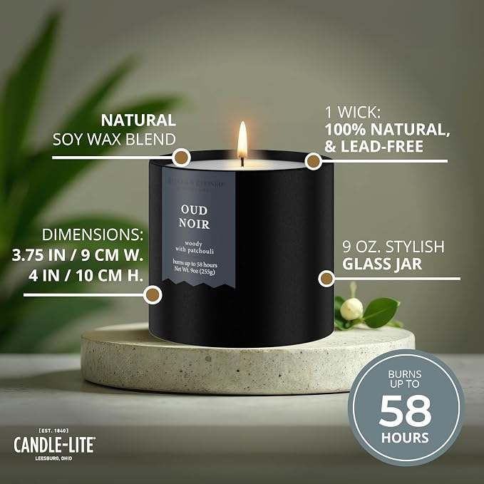 Candle-lite Rugged & Refined Scented Candle for Men, Oud Noir, 9 oz Tin, Poured in The USA, Masculine Fragrance, 1-Wick, 58 Hours of Burn Time, Ideal Gift for Man in Your Life & Father's Day