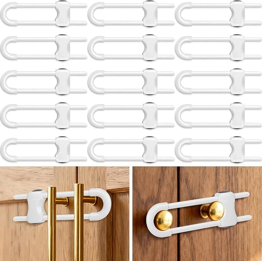 Modacraft 15 Pcs Sliding Cabinet Latches, U Shaped Cabinet Door Locks, Baby Cabinet Safety Latches for Baby Proofing, No Drilling Tool-Free Installation Easy to Use for Knobs or Handle Double Door
