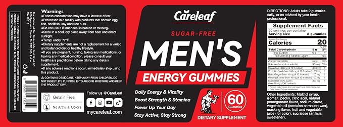 Men's Energy Gummies - Testosterone Support to Enhance Male Energy, Stamina, Endurance & Prostate Health - Testo Gummy with Maca, Ginseng, Horny Goat Weed, Pumpkin Seed & Zinc, 60 Ct