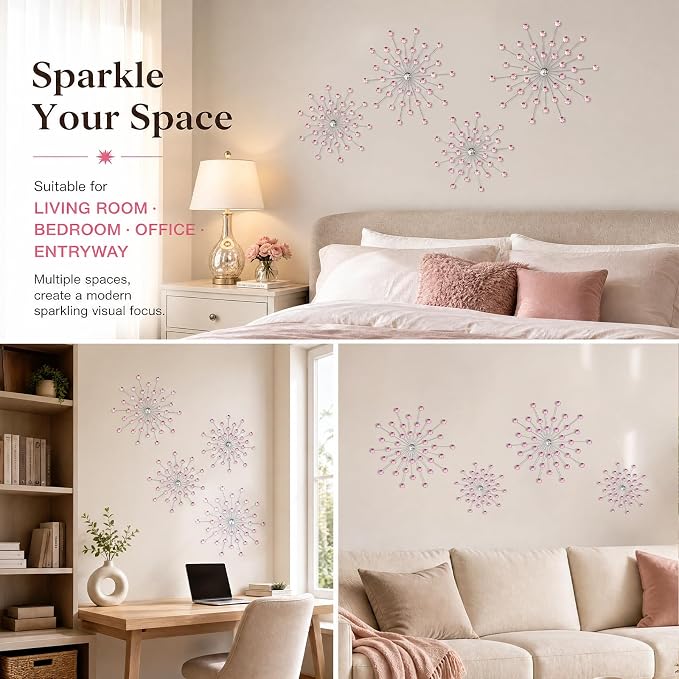 ZEXUIRU 4 Set Silver Starburst Wall Art for Home Decor Metal Bling Crystal Rhinestones Sunburst Wall Decor Sparkling Rhinestone Art Accent Silver - 13 in