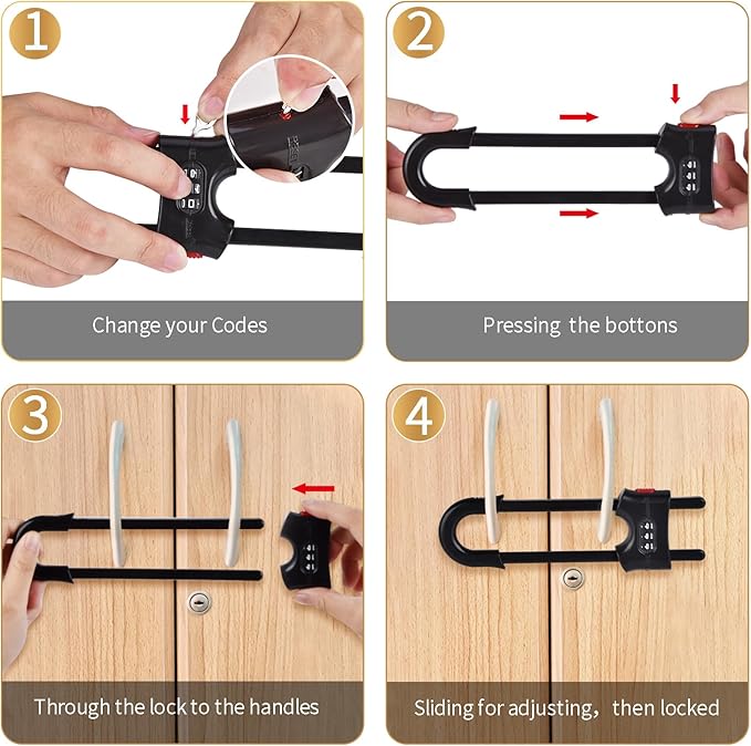 4 Pack U-Shaped Sliding Cabinet Locks Multifunctional Child Safety Lock Adjustable Baby Proof Clips for Home Cabinets Refrigerator Doors Cabinet Knobs and Window Handles (Black)