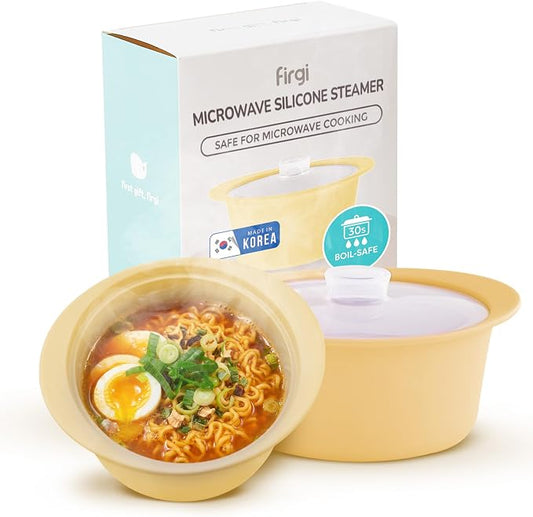 40oz Platinum Silicone Microwave Steamer Pot with Handle & Lid - Korean 100% Food-Grade Steamer Bowl, Heat-Resistant Cooker with Steam Holes, Easy Clean, Dishwasher Safe, Yellow