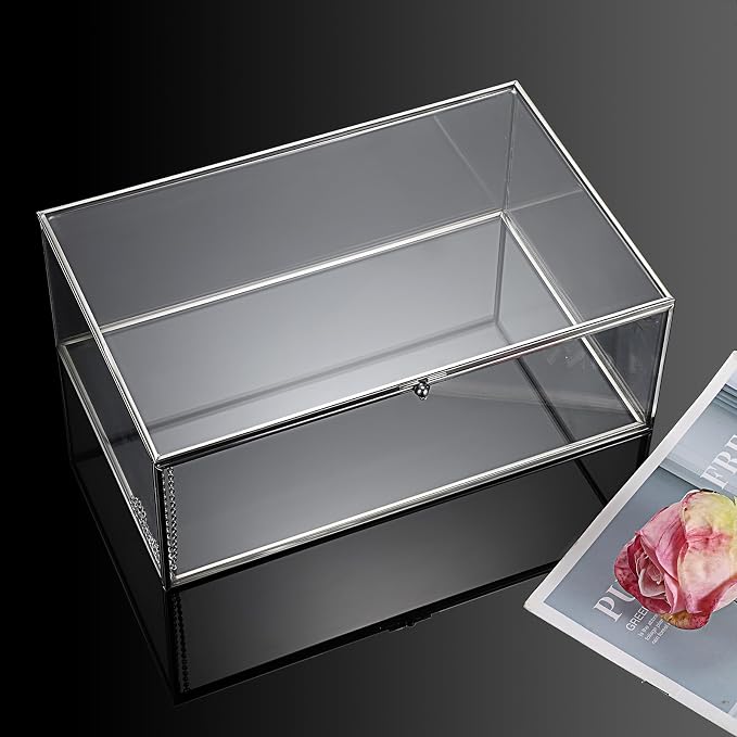 Hipiwe Vintage Glass Box with Lid Clear Jewelry Display Organizer, X-Large | Rectangle Vanity Lidded Boxes Home Decor Accent Silver Decorative Glass Box for Keepsakes Trinket Perfume