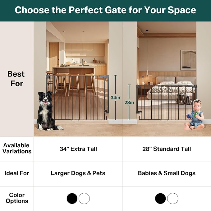 Cumbor 34" Extra Tall No Bottom Bar Baby Gate for Stairs, Hardware Mounted Dog Gate Indoor for Larger Pets, Expandable 31.6-48" Safety Gate for Doorways, Wide Walk Thru Door for Easy Access (Black)