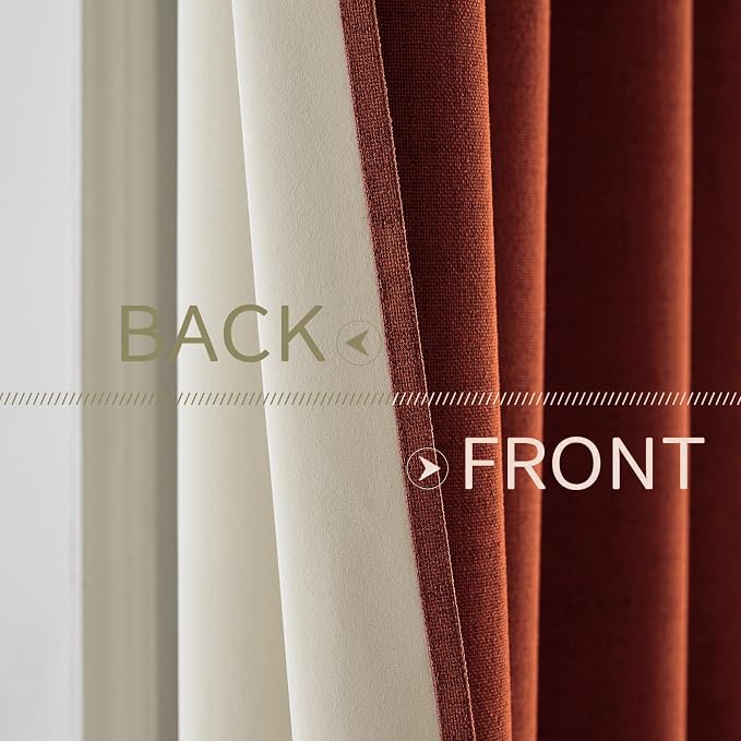 MIULEE 100% Blackout Linen Curtains for Bedroom Thermal Insulated Burnt Orange Grommet Room Darkening Curtains & Drapes Rust Terracotta Fall Decor for Living Room 52 x 96 Inch (2 Panels)