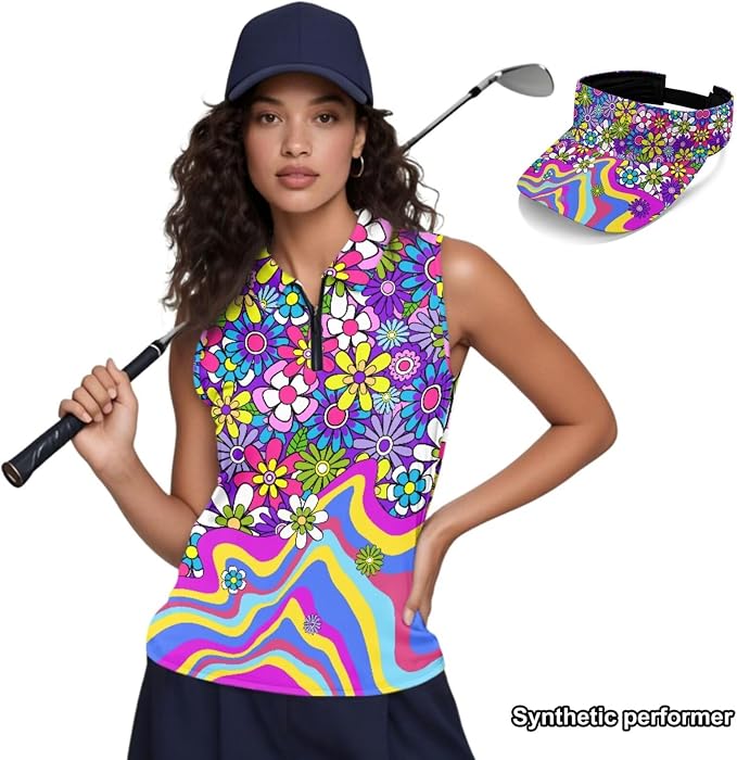 POLERO Golf Tank Top Women Golf Shirts and Visor Hat Collared Racerback Tennis Shirt Set Quarter Zip