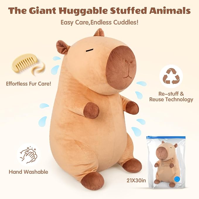 Giant Capybara Plush 30", Jumbo Soft Capybara Stuffed Animal, Giant Plush Toys Hugging Pillow for Stress Relief & Sleep Aid, Huge Cuddly Capibara Plushie Gift for Kids Adults