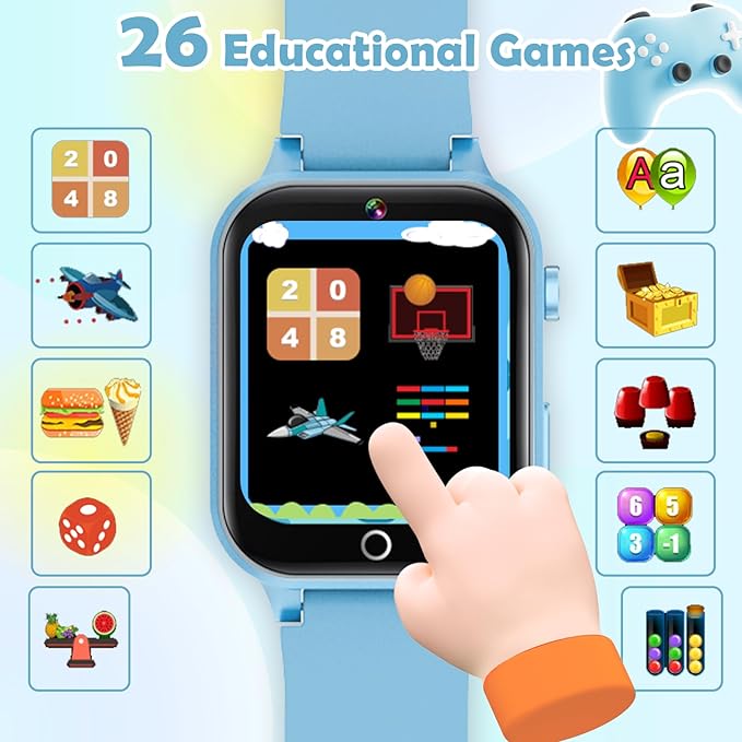 Smart Watch for Kids, with 26 Puzzle Games, Touch Screen, HD Camera, Alarm Clock, Toys for Ages 4-12 Years Old.Birthday Gift for Boys Girls (Soft Blue)