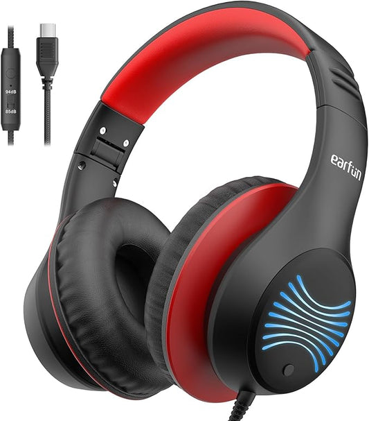 EarFun K3 Kids Headphones, USB Type C Over Ear Headphones with Microphones, 85/94dB Volume Limit, HD Stereo Sound with LED Light, Foldable Wired Headphones for School/Boys/Girls/Tablet, Black