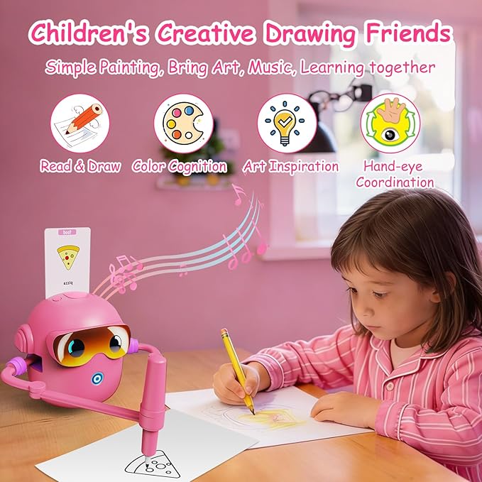Custer's Night Drawing Robot for Kids - Montessori Painting Toys for 3 4 5 6 7 8 Year Old, Voice Interactive Educational Drawing Machine with 100 Cards,12 Colorful Pens & Music-Gift for Boys Girls P