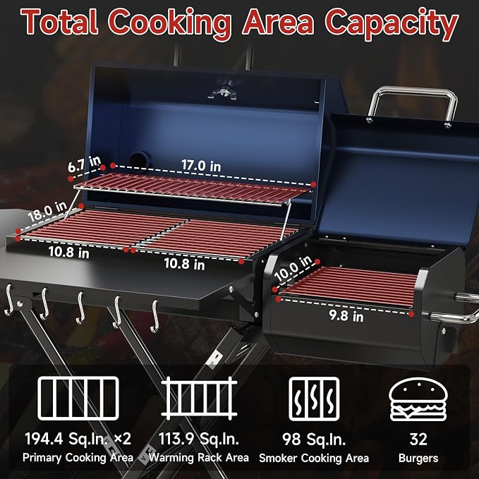 Portable Charcoal Grill with Smoking Function, Foldable Suitcase Design with Wheels, Multi-Tier Storage Rack & Waterproof Cover for Outdoor BBQ Parties (Blue)