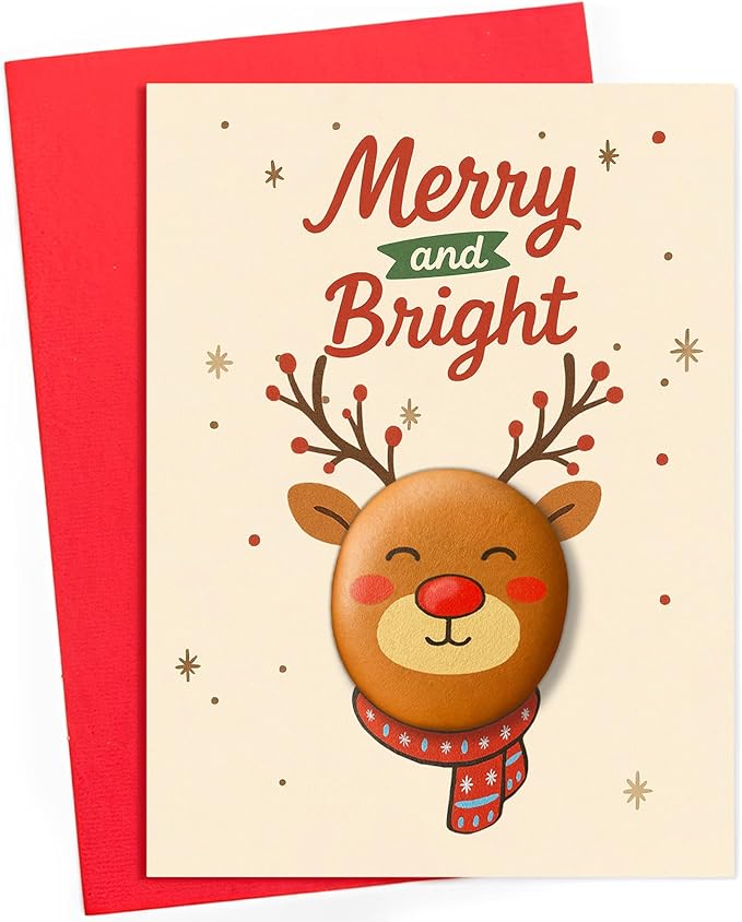 Handmade Christmas Pebble Card – Cute Reindeer “Merry and Bright” Design – Unique Holiday Greeting Card with Pebble Art – Fun Christmas Card for Kids, Friends, Family, Teachers, or Coworkers