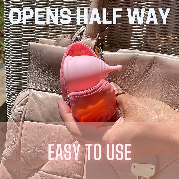 Adorable Pink Peri - Menstrual Period Cup Case Storage Bag | Rose Design + Silicon Material | Easy to carry, clean, and use | Metal Chain attached | Multi-use for small items (Cup not included) Pink