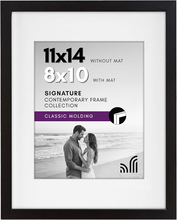 Americanflat 11x14 Picture Frame with Shatter-Resistant Glass - Use as 8x10 Frame with Mat or Display 11x14 Photo Without Mat - Signature Collection - Picture Frames for Wall Display - Black | Shatter-resistant glass, hangs vertical or horizontal, sawt...
