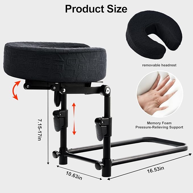 Massage Headrest for Bed with Adjustable Height, Memory Foam Face Cradle, Washable Pillowcase for Home Mat(Black)
