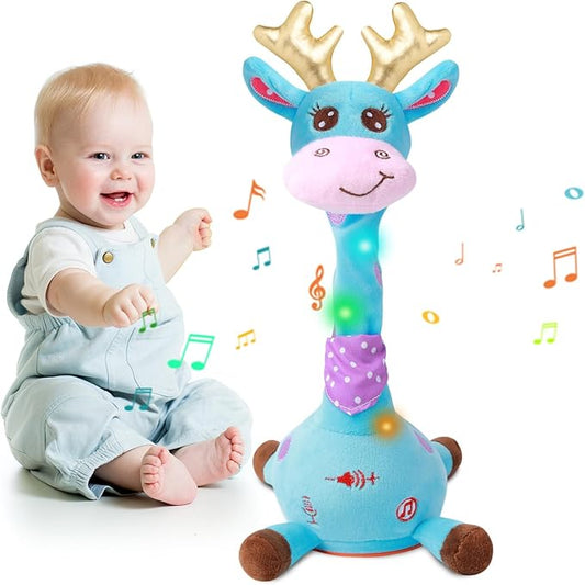 MIAODAM Dancing Talking Giraffe Stuffed Animal, Singing 10 Children's Song, Baby Toy Repeats What You Say, Christmas Colorful Glowing Giraffe Plush Interactive Toys for Toddlers 1-3 Year(Blue