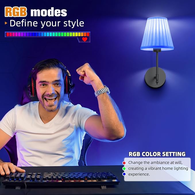 14.5 inch Battery Operated Wall Sconce Set of 2,Beige-Black Rechargeable Wall Lights with 10400mAh Dimmable Bulbs and Remote, 9 Colors Wireless Wall Lamps for Bedroom Living Room