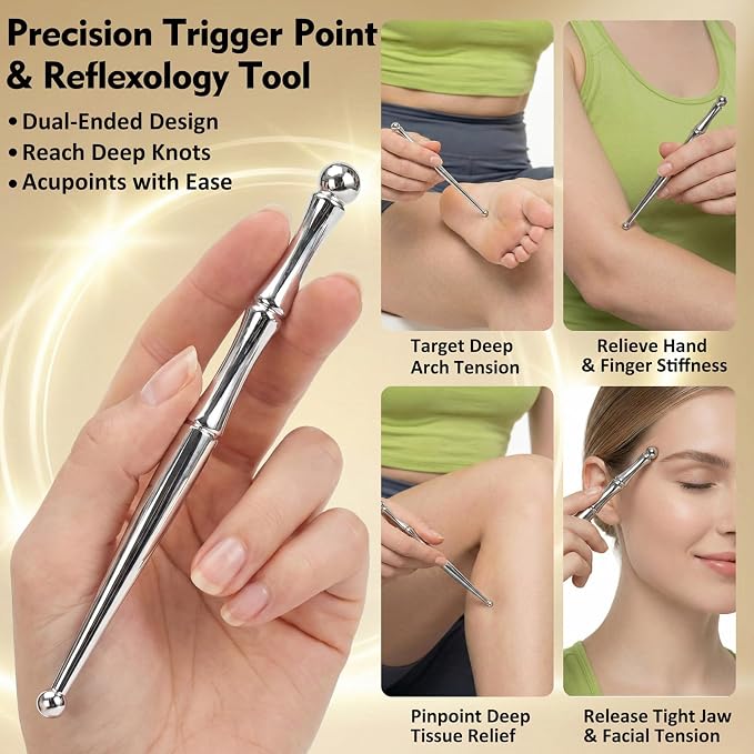 Stainless Steel Gua Sha & Muscle Scraper Tool Set – 2-in-1 Manual Deep Tissue Body Massager with Acupressure Pen – Ergonomic Handheld Tool for Myofascial Release, Trigger Points & Mobility
