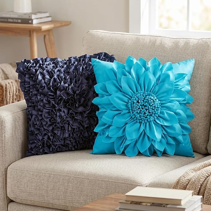 Teal Blue Accent Flower Decorative Throw Pillow Covers for Bed Sofa Couch | Bella's Giftshop Handmade Sunflower Taffeta Pillow Cases Living Room Bedroom Decor, 18x18 Inch