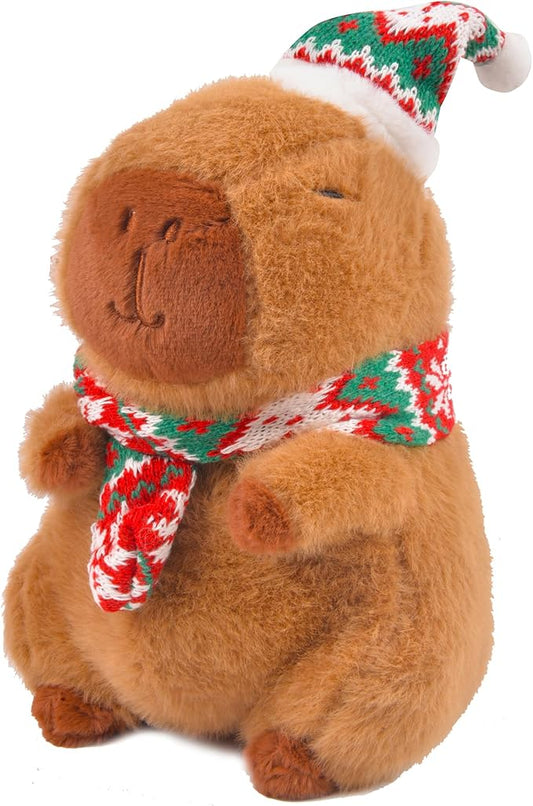 Christmas Capybara Stuffed Animal Plush, 10” Holiday Capybara Peluches with Santa Hat & Scarf, Cute Super Soft Funny Christmas Toy Gifts, Capybara Stuff Festive Decorations for Kids Boys Girls