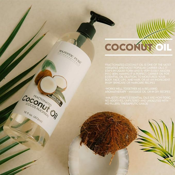 Majestic Pure Lavender Massage Oil 8 fl oz, and Fractionated Coconut Oil 16 fl oz Bundle