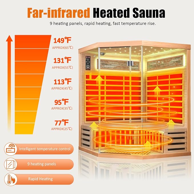 Infrared Sauna for Home 4 Person Indoor Sauna Hemlock Wood Corner Saunas 240V 2595W with Red Light, Oxygen Bar, Bluetooth Speakers