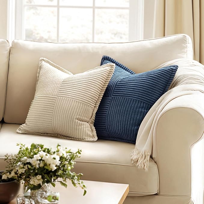 MIULEE Decorative Throw Pillow Covers for Couch 20x20 Inch Blue 2 Pack | Boho Broadside Striped Patchwork Pillow Covers, Soft Corduroy Cushion Cases, For Couch Sofa Bed Livingroom Home Decor