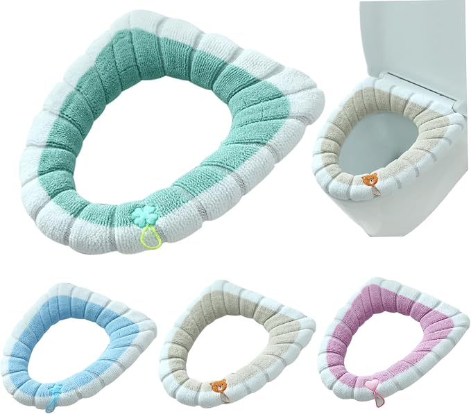 Toilet Seat Covers 4Pcs Soft Toilet Seat Warmer Cushion with Handle Winter Thick Stretchable Washable Bathroom Cushion Fits All Oval Seats Style 2, Xmas Decor