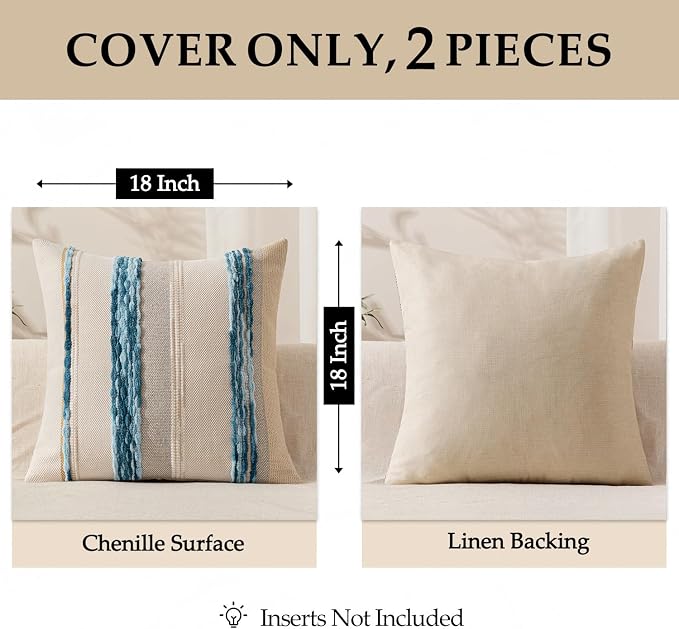 ANRODUO Boho Decorative Pillow Covers 18x18 Pack of 2 Sky Blue Stripe 2 | Throw Pillow Covers, Farmhouse Cushion Case, Chenille Pillow Cases, Pillow Covers, Neutral Pillowcase for Sofa Couch Bed
