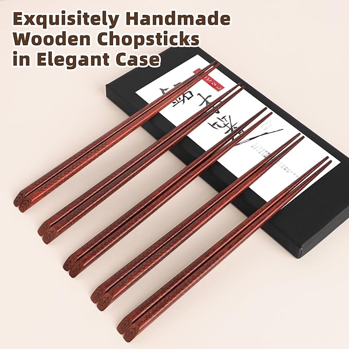Antner 5 Pairs Hardwood Chopsticks Japanese Style Reusable Hand-Carved Chopsticks Natural Wood Chop Sticks with Gift Box, Dishwasher Safe