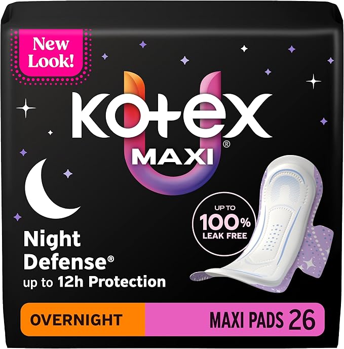 Kotex Overnight Maxi Pads with Wings, 26 Count (Packaging May Vary)