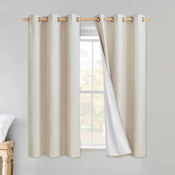 NICETOWN Linen Blackout Curtains 45" Long for Classroom, Beige, Set of 2, Short Kitchen Burlap Linen 100% Blackout Drape Panels for Night Shift, Great Job for Blocking Light