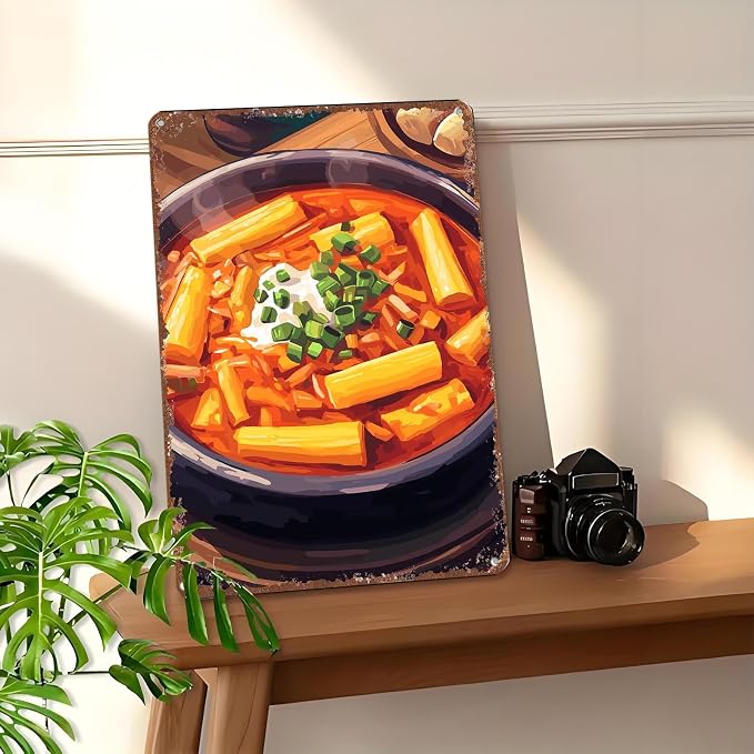 Spicy Tteokbokki Korean Rice Cake Pattern Retro Aluminum Metal Sign 12x8Inch Decorative Wall Art for Home Kitchen Restaurant Cafe Bar