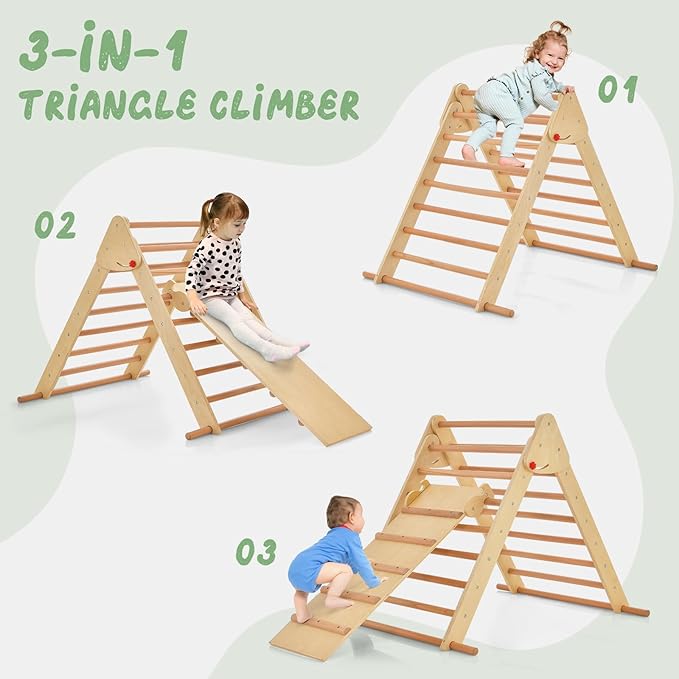 OLAKIDS Pikler Triangle Set 3 in 1 Climbing Toys for Toddlers Foldable Wood Montessori Baby Jungle Gym with Ramp Ladder Slide Kids Indoor Playground Activity Play Structure