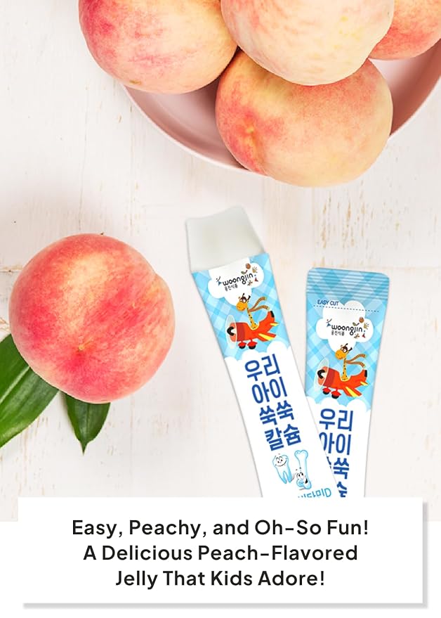 Korean Food Woongjin Kids Calcium Vitamin D Jelly Stick, Peach Flavor, 30Pk | Naturally sweetened peach-flavored fruit jelly sticks in individually wrapped packs