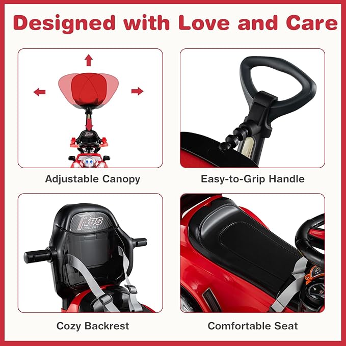 Costzon Push Car for Toddlers, 3 in 1 Stroller Sliding Walking Car with Handle, Canopy, Seat Belt, Horn, Music & Lights, Under-Seat Storage, Guardrail, Foot-to-Floor Ride On Toy for Boys Girls (Red)