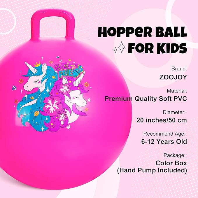ZOOJOY Hopper Ball, Pink Bouncy Balls for Kids, 20 Inch Sit on Jumping Toys with Handle for Girls Gift Aged 6-12, Inflatable Unicorn Bounce Hopper Balls Toy with Pump