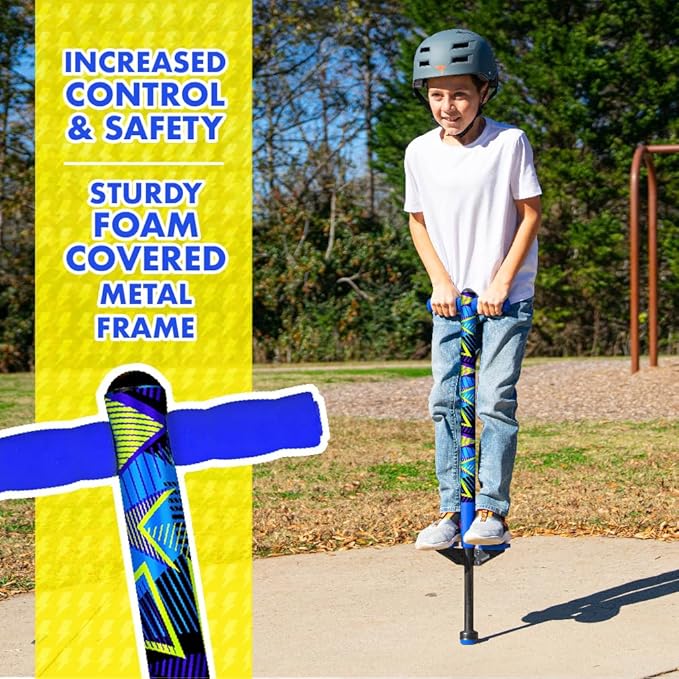 Flybar Jolt Pogo Stick for Kids, Perfect for Beginners w/Foam-Covered Metal Frame, Handles & Padding, Non-Slip Foot Pads, Wide Tip, Outdoor Active Play Toy for Boys & Girls, Ages 6+, Geo