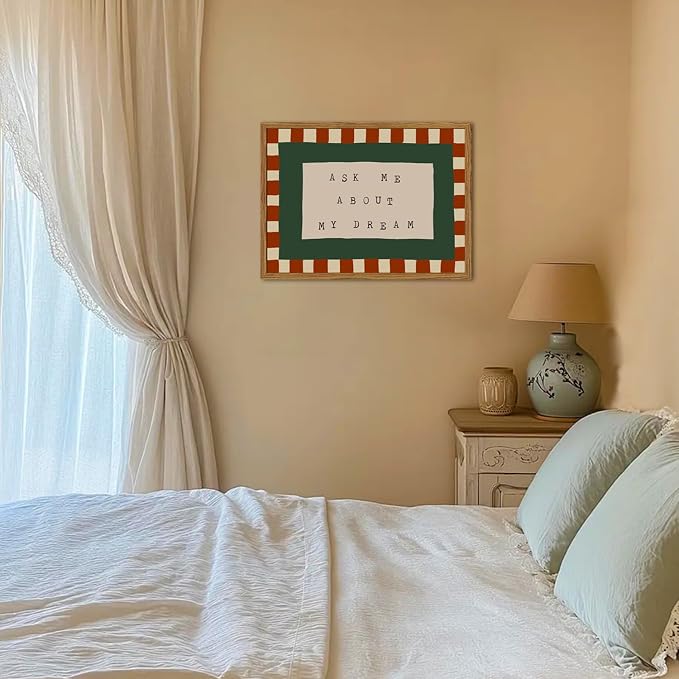 Framed Ask Me About My Dream Wall Art, Retro Red Green Checkered Pictures Wall Decor, Mid Century Modern Minimalist Text Paintings Canvas Prints for Home Living Room Bedroom 16x24 inch