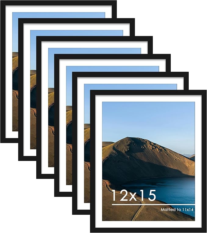 12x15 Picture Frame Set of 6, Wall Mount Display, Black | Display Pictures 11x14 with Mat or 12x15 Without Mat, Horizontal or Vertical, Gallery Wall Frame Set, Wedding Birthday Gifts