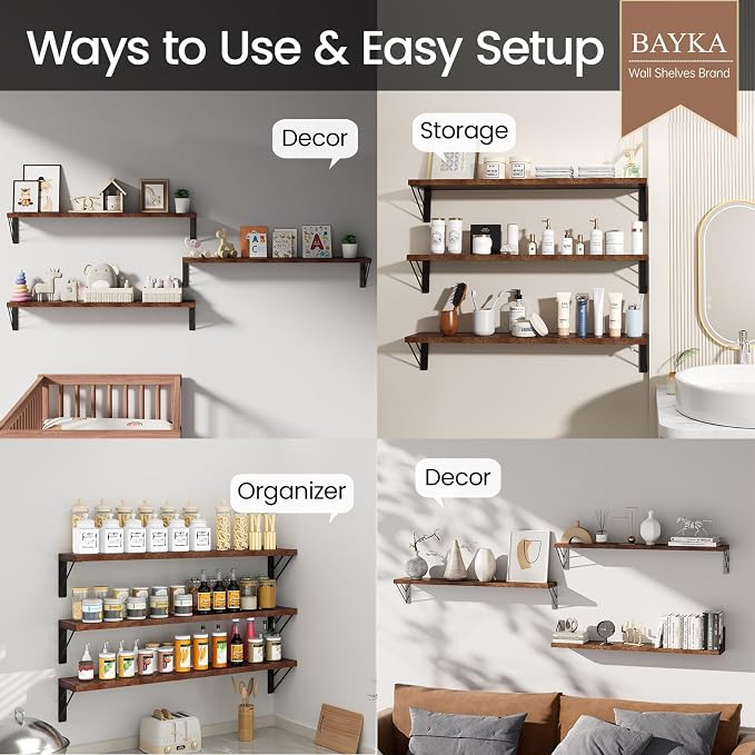BAYKA Wall Shelves for Bedroom Decor, Floating Shelves for Wall, Display Mounted Rustic Wood Shelf for Books,Plants,Corner Shelves for Bathroom,Kitchen,Living Room(Rustic Brown，36in，Set of 3)