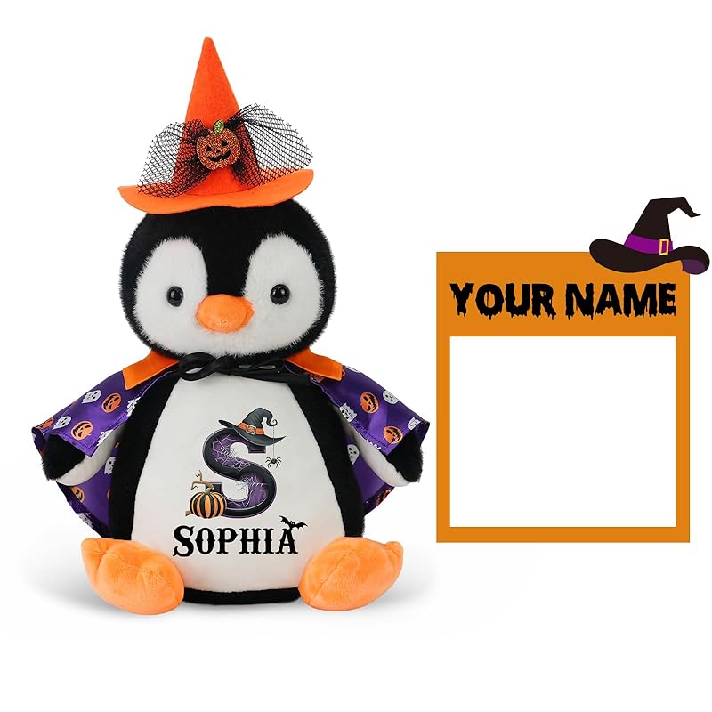 Custom Halloween Plushies Penguin Stuffed Animal, 13.8" Personalized Penguin Toy with Name Date Message, Baby's First Halloween Plush Gift for Kids Boys Girls