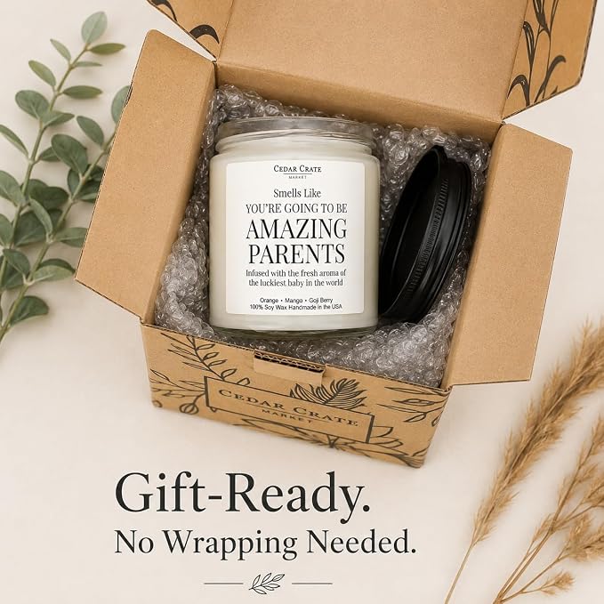 Cedar Crate Market New Parents Gifts for Couples, Baby Shower Pregnancy Gift, Gender Reveal Candle, New Mom First Time Mom Dad, Orange, Mango, Goji Berry 9oz Soy Wax, Made in USA, 45+ Hour Burn