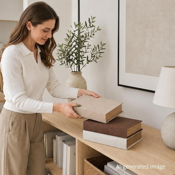 Decorative Linen Faux Book Storage Box Neutral Decorative Book Accent,12" | Vintage book style, faux linen texture, hidden storage, shelf decoration, farmhouse home decor, office organization