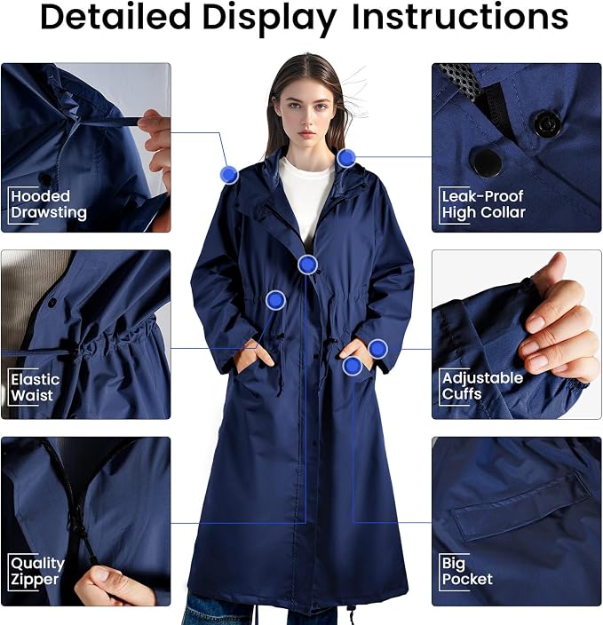 LAMA Womens Long Raincoats Rain Jacket Waterproof Packable Hooded Windbreaker Lightweight Adjustable Waist for Outdoor