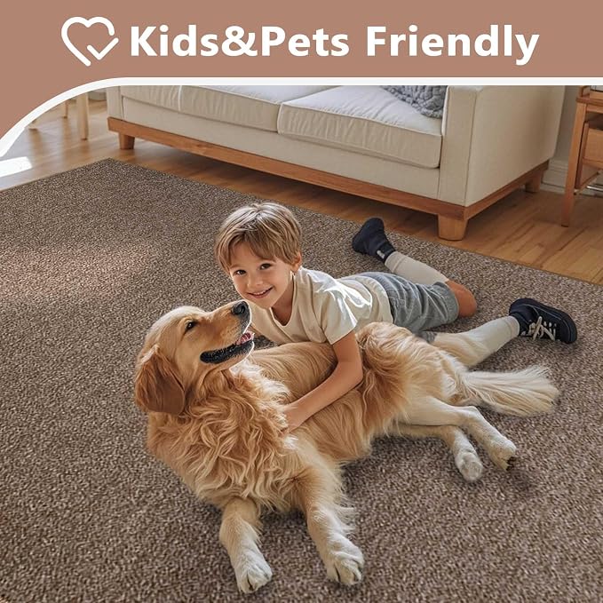 FinRèc 7x10 Washable Area Rugs for Bedroom Living Room, Low Pile Thin Rug Solid Color, Non-Slip Carpet Indoor for Home Decor (Brown/White)