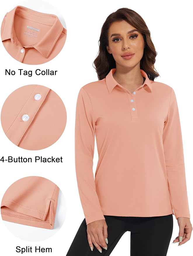 MAGCOMSEN Long Sleeve Polo Shirts for Women Golf Tops with Collar Work | UPF 50+ Sun Protection, 4 Buttons, Moisture Wicking, Breathable, 4-Way Stretch, Collared, Quick Dry, Active, Casual, Tennis