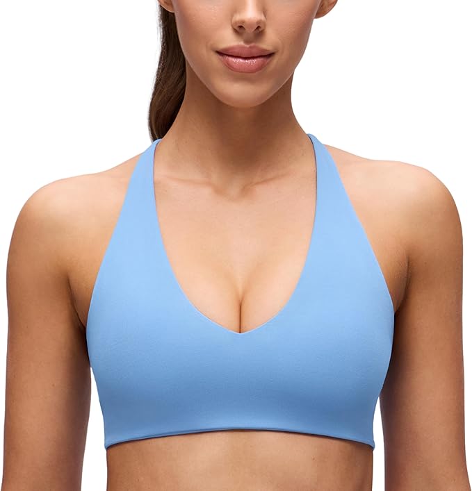 CRZ YOGA Butterluxe V Neck Twist Cross Back Sports Bras for Women - Adjustable Spaghetti Straps Padded Crop Yoga Top